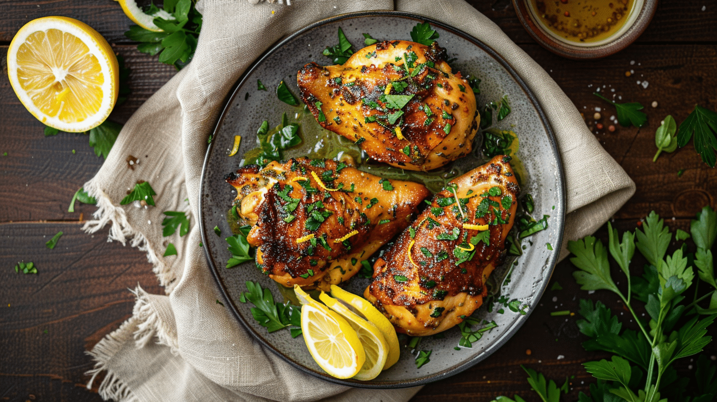 Mediterranean Air Fryer Chicken cooked with herbs, lemon, and olive oil
