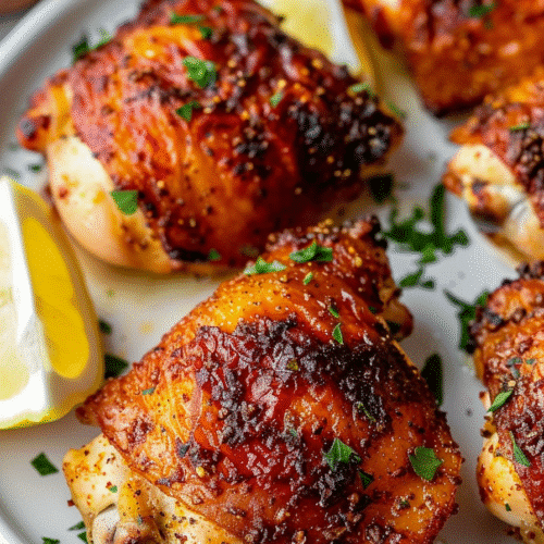 Plated Air Fryer Chicken Thighs with crispy golden skin, fresh parsley, and lemon wedges
