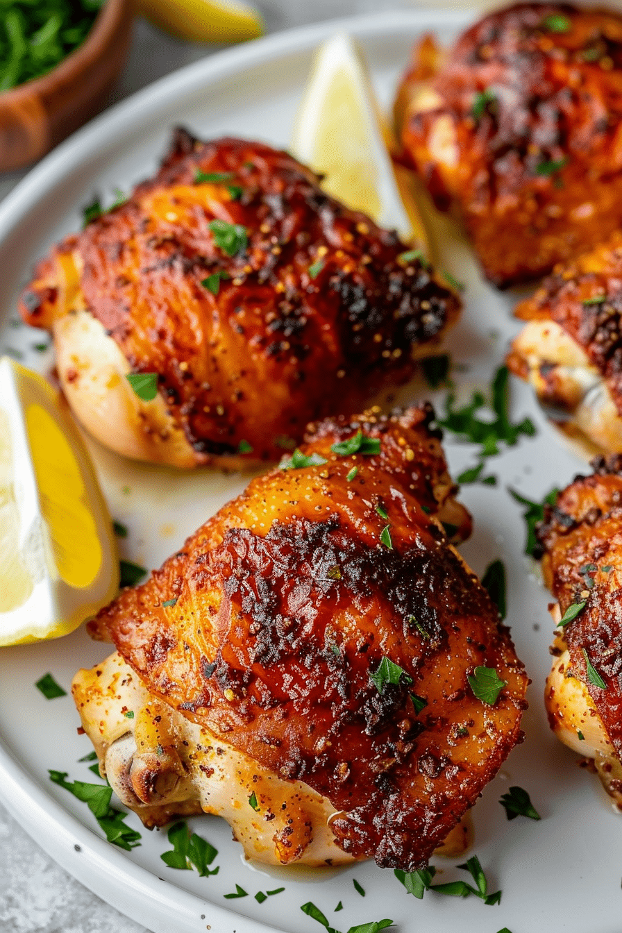 Plated Air Fryer Chicken Thighs with crispy golden skin, fresh parsley, and lemon wedges