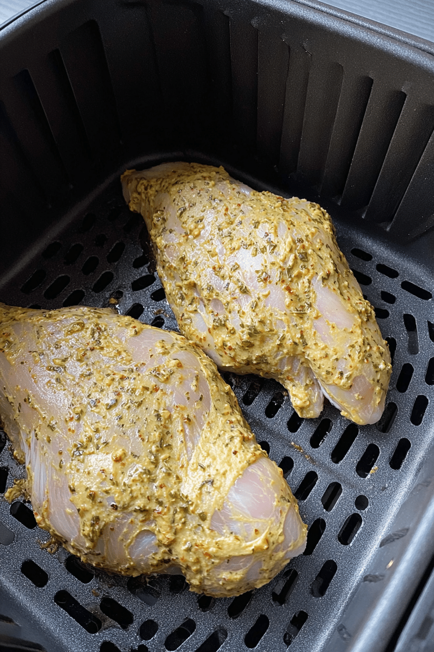 Raw chicken breasts marinated in honey mustard herb sauce inside an air fryer basket