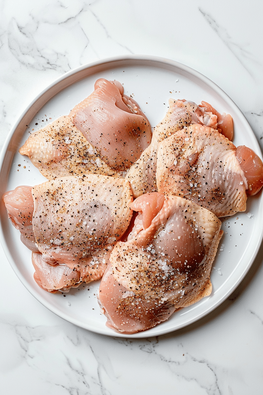 Raw seasoned boneless chicken thighs on a white plate, prepped for Teriyaki Air Fryer Chicken.