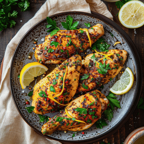 Rustic plated Mediterranean Air Fryer Chicken garnished with parsley and lemon