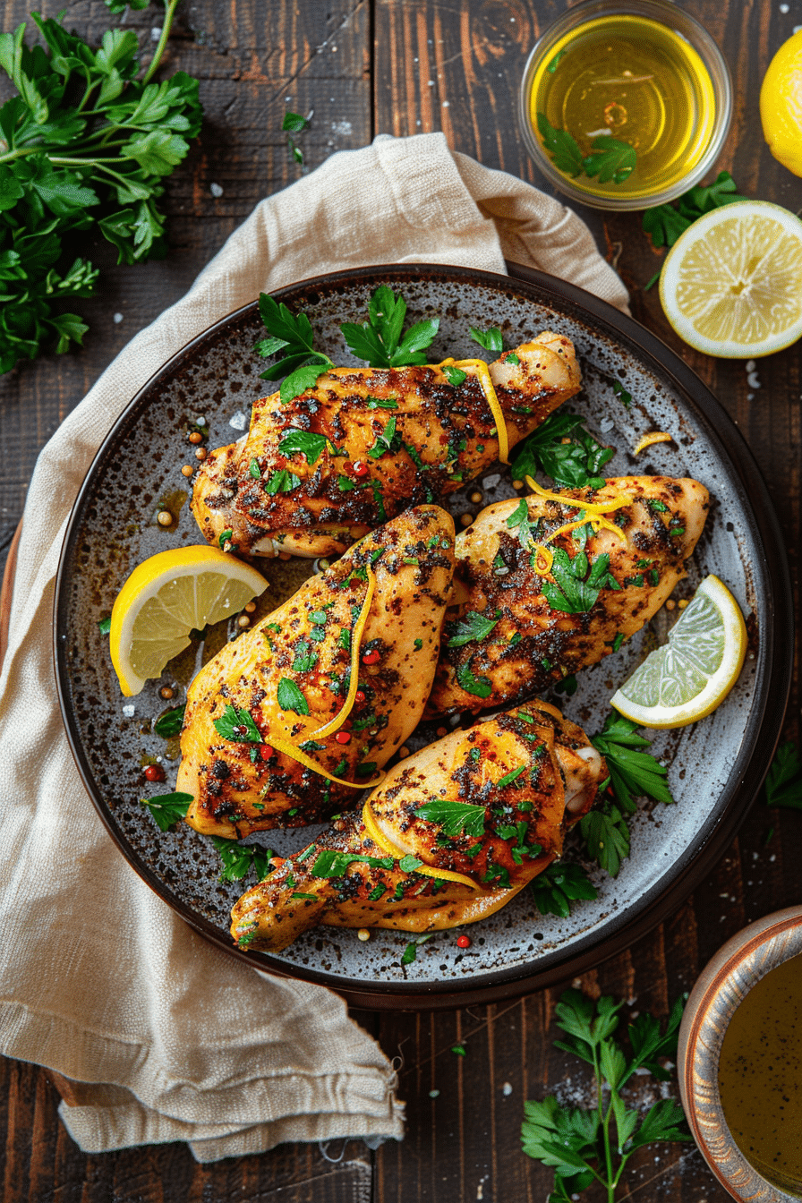 Rustic plated Mediterranean Air Fryer Chicken garnished with parsley and lemon