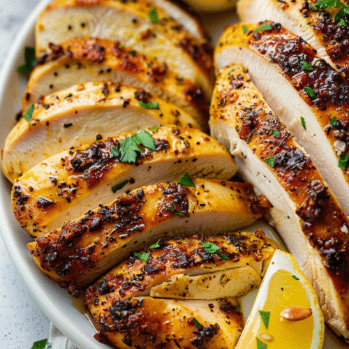 Sliced juicy air fryer chicken breast on a plate with lemon wedges and herb garnish