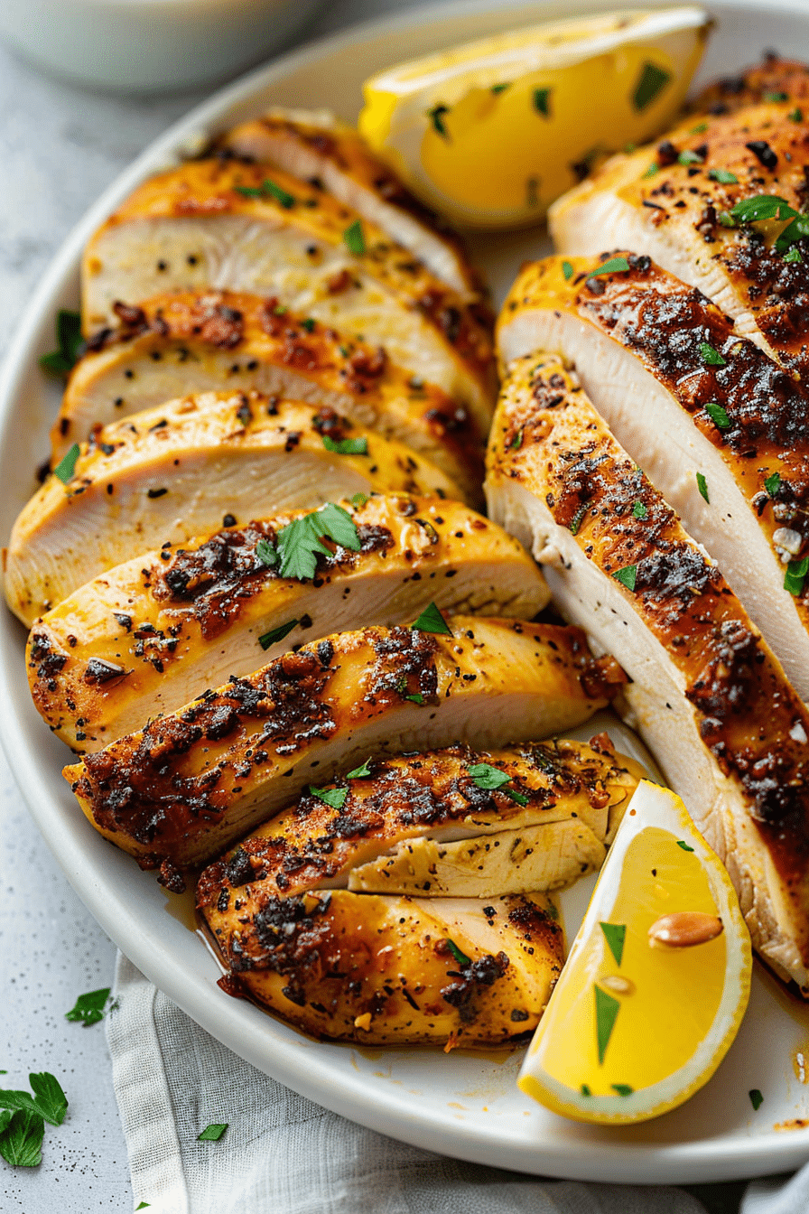 Sliced juicy air fryer chicken breast on a plate with lemon wedges and herb garnish