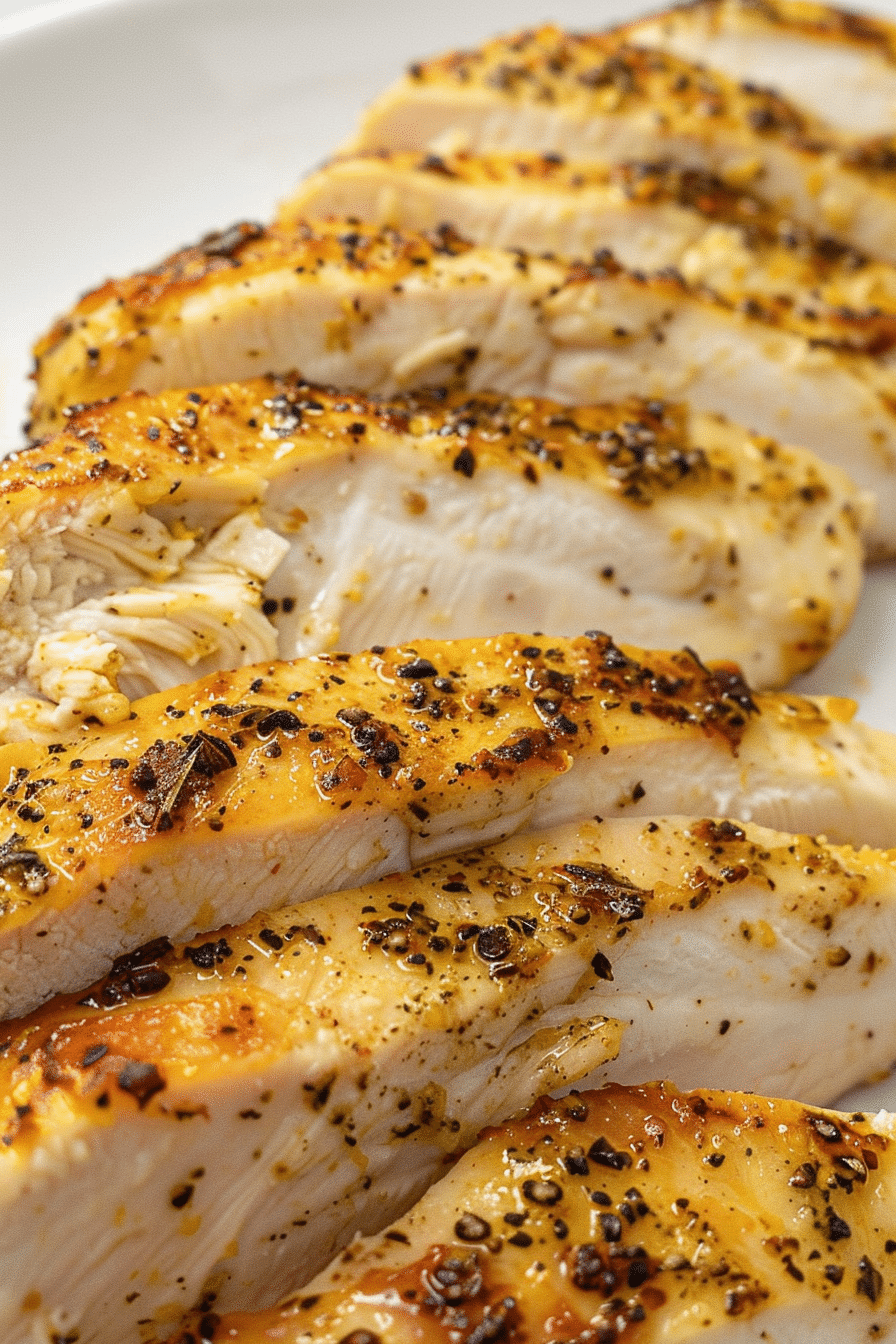Sliced juicy Lemon Pepper Air Fryer Chicken breast with golden seasoning crust