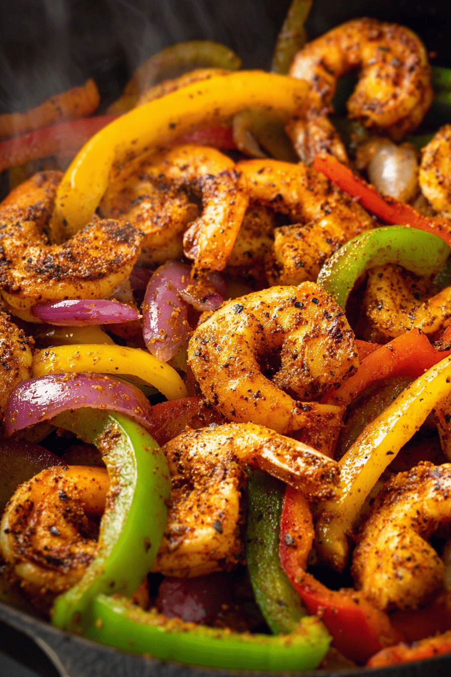 Spicy shrimp fajitas with bell peppers and onions in a cast iron skillet