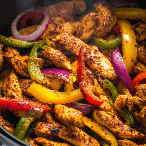 Steamy air fryer chicken fajitas with colorful bell peppers and onions in close-up view