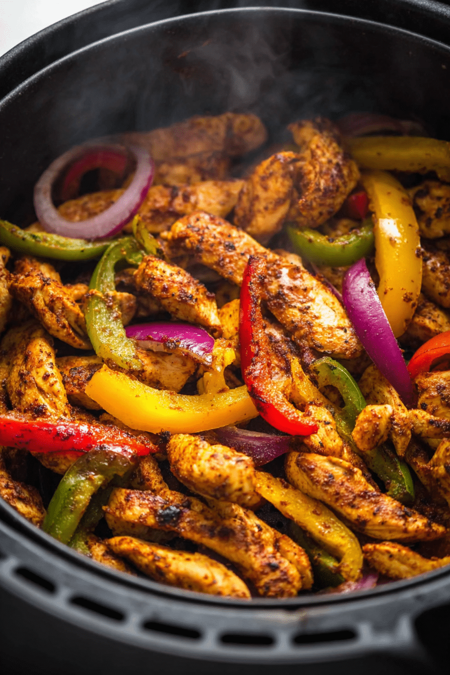 Steamy air fryer chicken fajitas with colorful bell peppers and onions in close-up view
