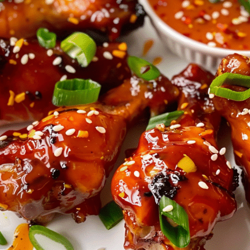 Sweet Chili Air Fryer Wings glazed with Thai sweet chili sauce, garnished with green onions and sesame seeds