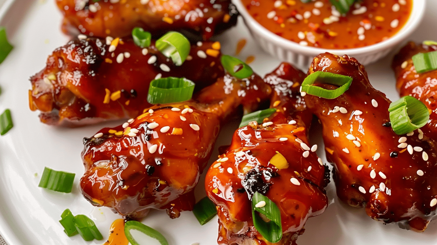 Sweet Chili Air Fryer Wings glazed with Thai sweet chili sauce, garnished with green onions and sesame seeds