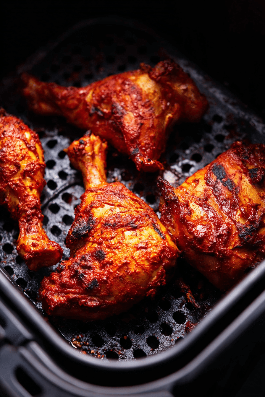 Tandoori-style air fryer chicken leg quarters with crispy charred skin in black air fryer basket