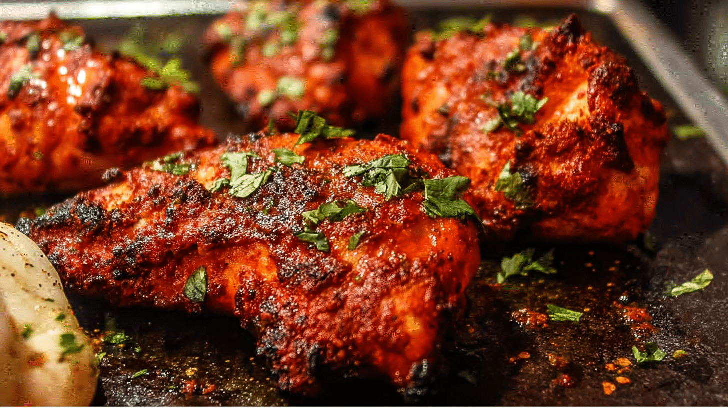 Tandoori-style air fryer chicken garnished with fresh cilantro on a dark tray
