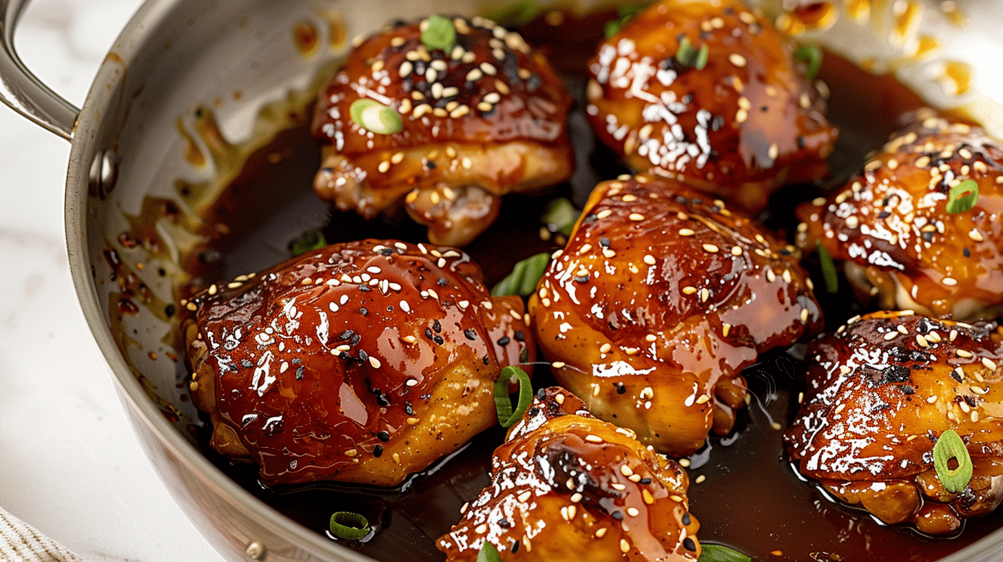 Teriyaki Air Fryer Chicken thighs glazed in homemade sauce with sesame seeds, served in a pan.