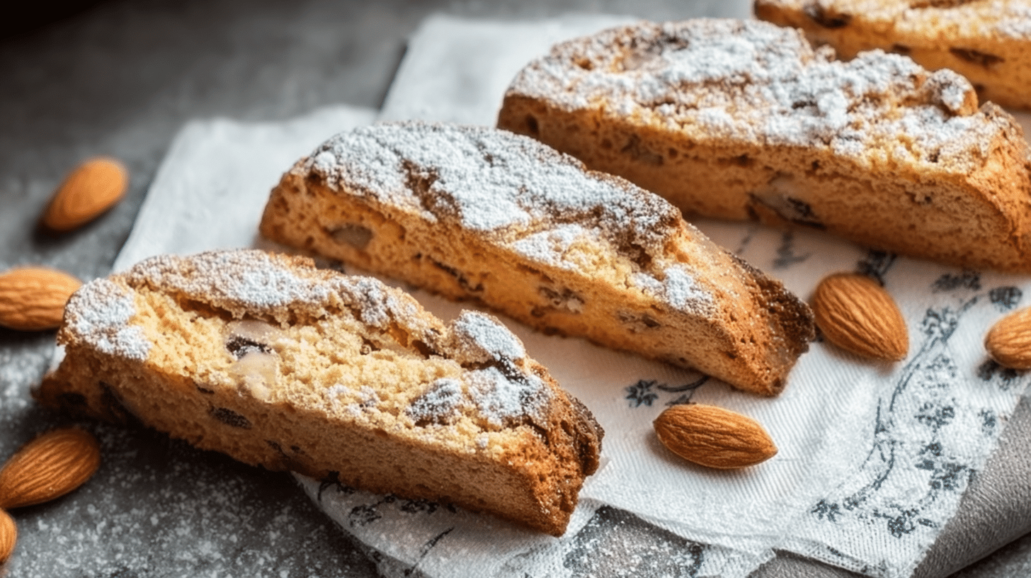 Air fryer almond biscotti dusted with powdered sugar on linen napkin with whole almonds