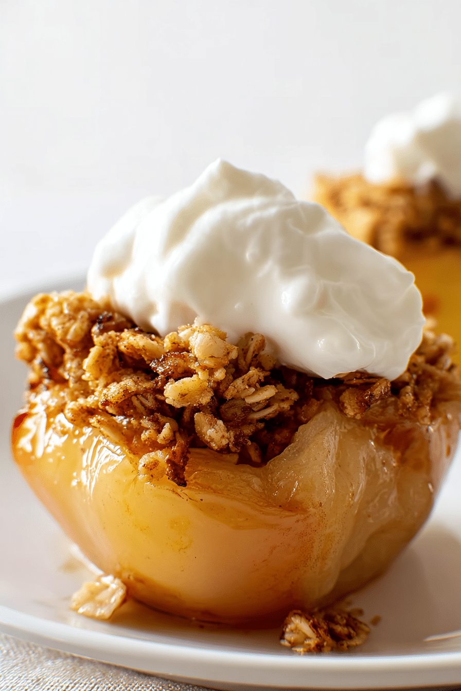 Air fryer baked apple with oat crumble and whipped cream