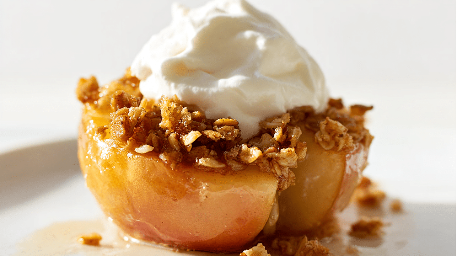 Air fryer baked apple with granola topping and whipped cream