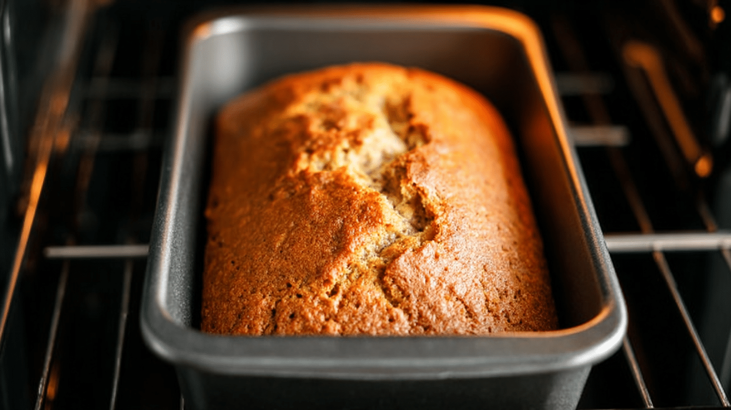 Air fryer banana bread loaf baked in a rectangular pan inside the fryer