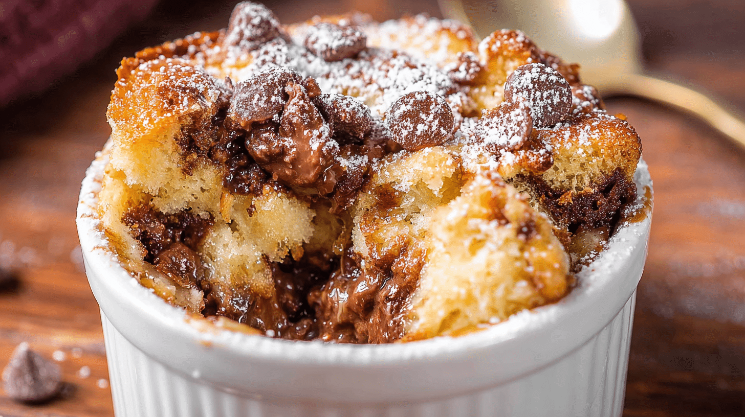 Air fryer bread pudding with chocolate chips and powdered sugar in white ramekin