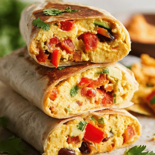 Air fryer breakfast burrito cut open showing scrambled eggs, peppers, beans, and cilantro wrapped in toasted tortilla