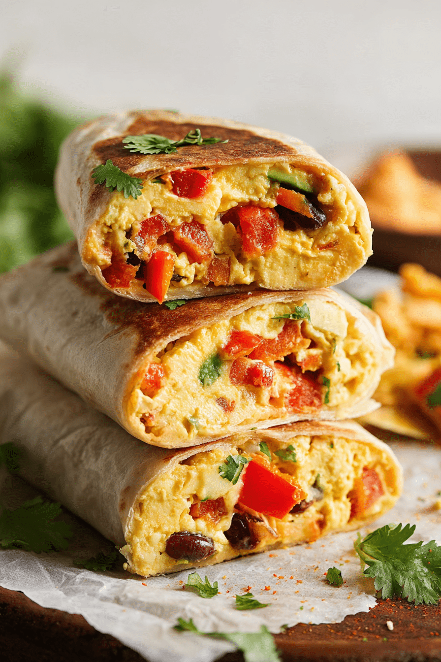 Air fryer breakfast burrito cut open showing scrambled eggs, peppers, beans, and cilantro wrapped in toasted tortilla