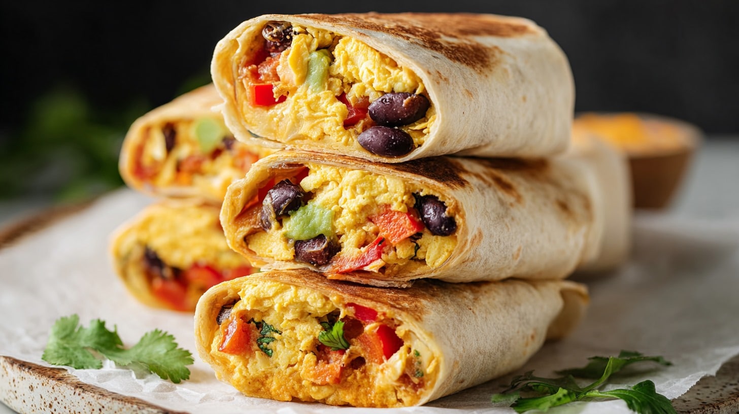 Air fryer breakfast burritos stacked on a plate with scrambled eggs, peppers, beans, and avocado inside warm tortillas