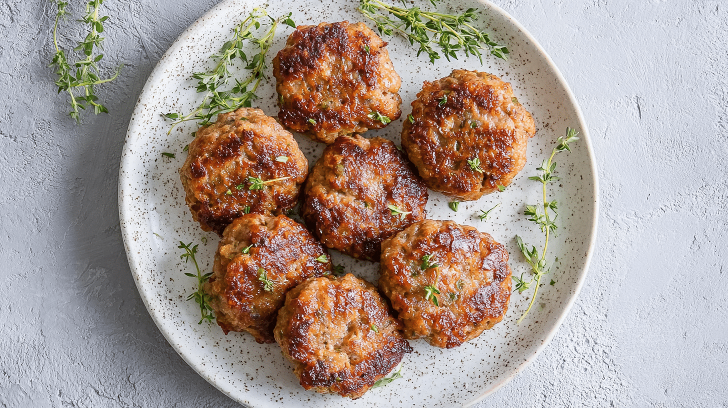 Air fryer breakfast sausage patties on a ceramic plate with fresh thyme garnish