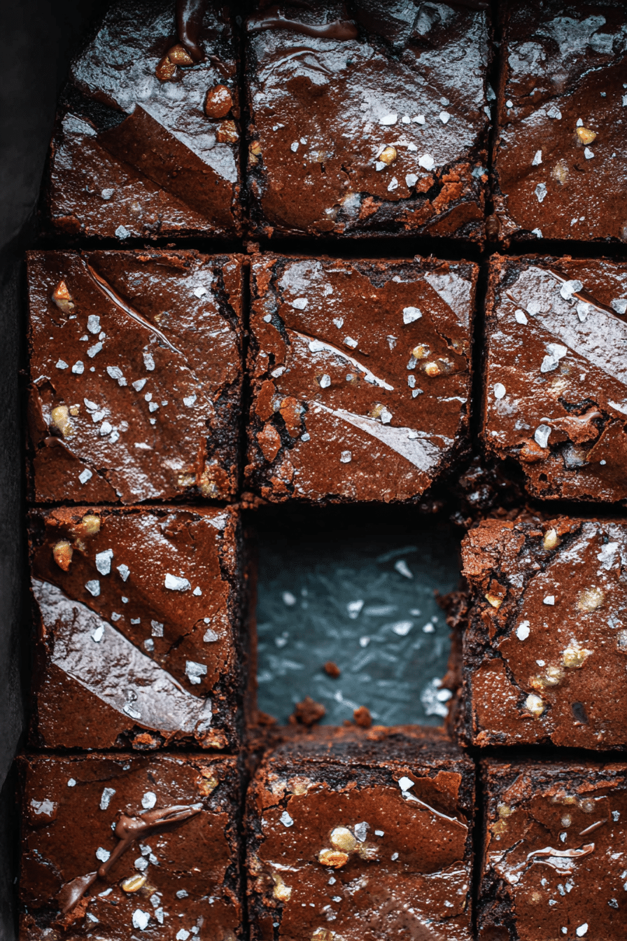 Freshly baked air fryer brownies with cracked tops, flaky sea salt, and walnuts, one piece missing