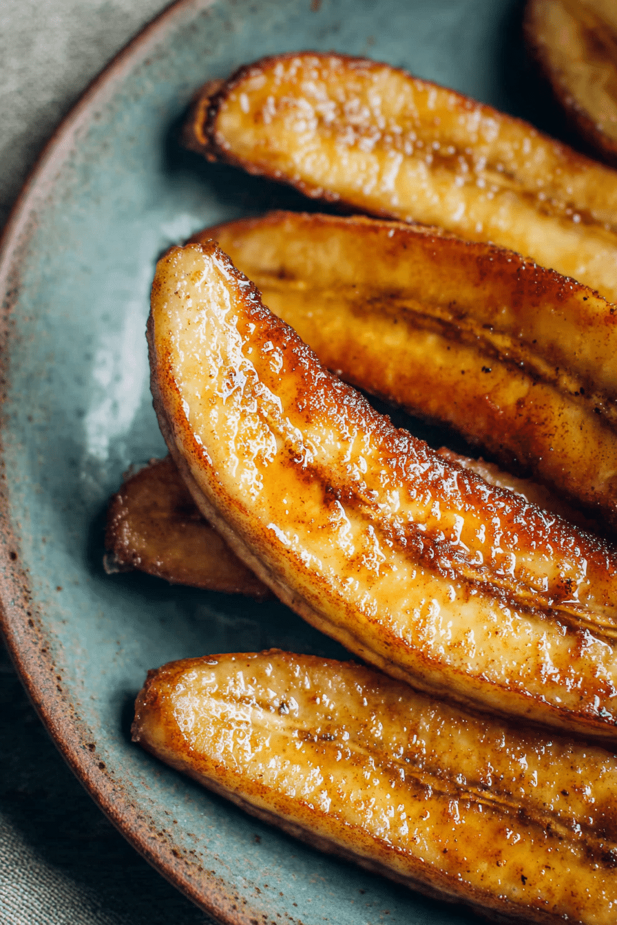 Vertical close-up of air fryer caramelized bananas with cinnamon sugar glaze in rustic bowl