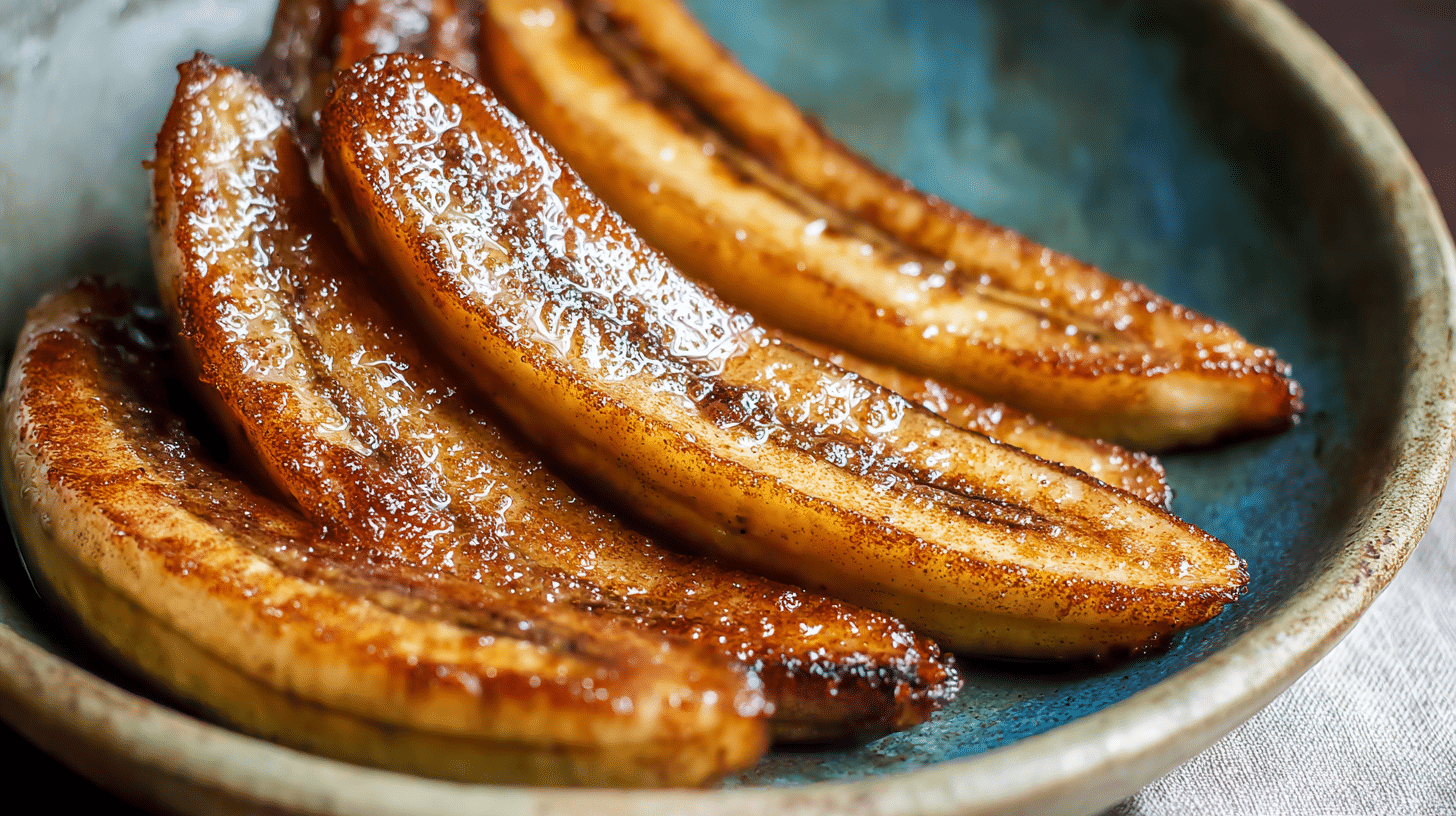 Air fryer caramelized bananas cooked in air fryer with cinnamon sugar glaze in ceramic bowl