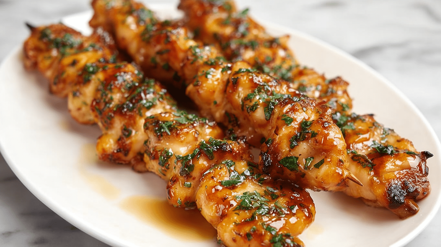Air fryer chicken skewers with golden brown glaze and fresh herbs served on a white plate