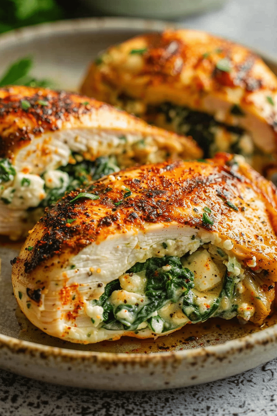 Golden air fryer chicken breast stuffed with creamy spinach and cheese