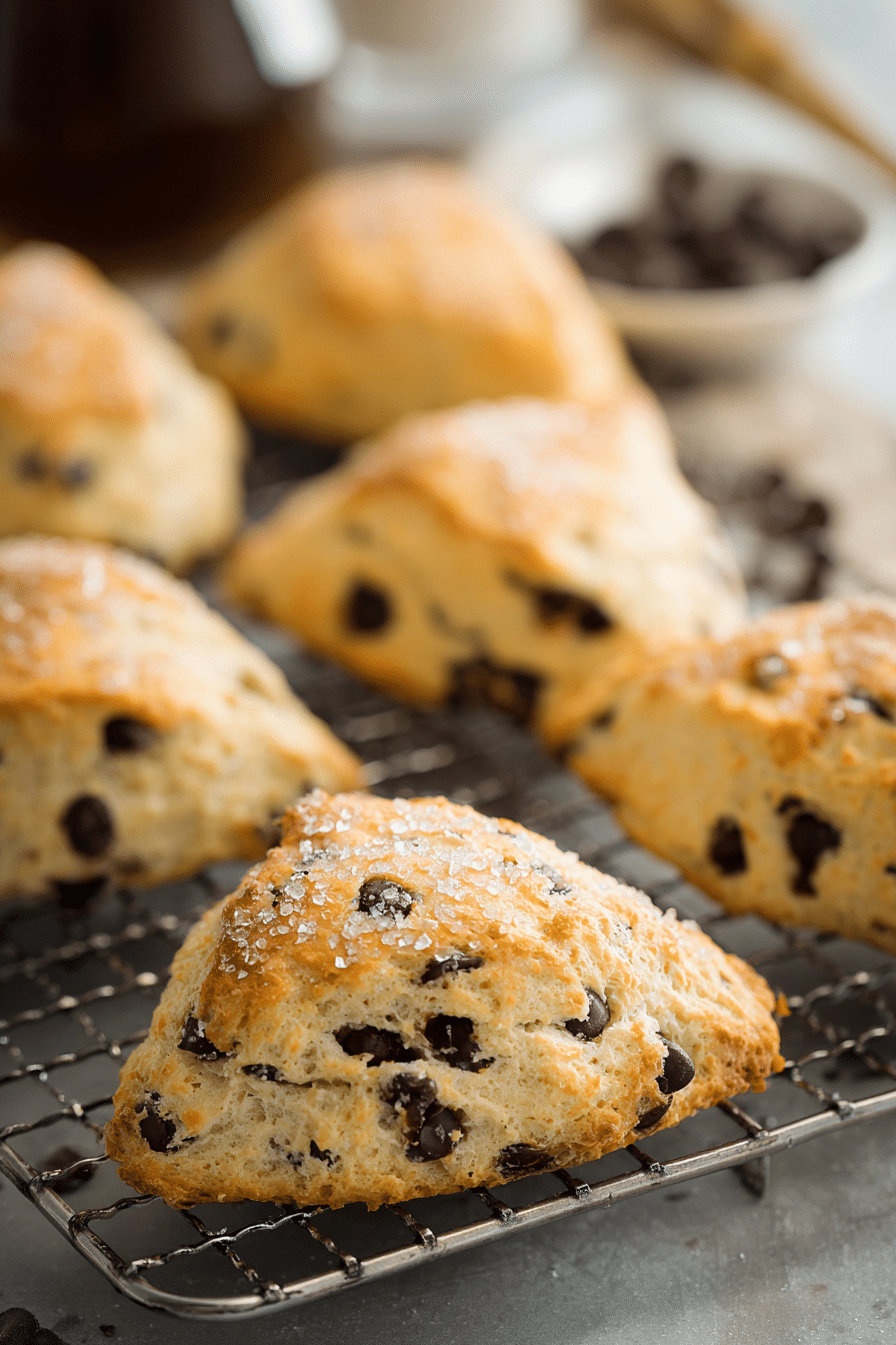 Vertical close-up of air fryer chocolate chip scones with sugar topping on cooling rack