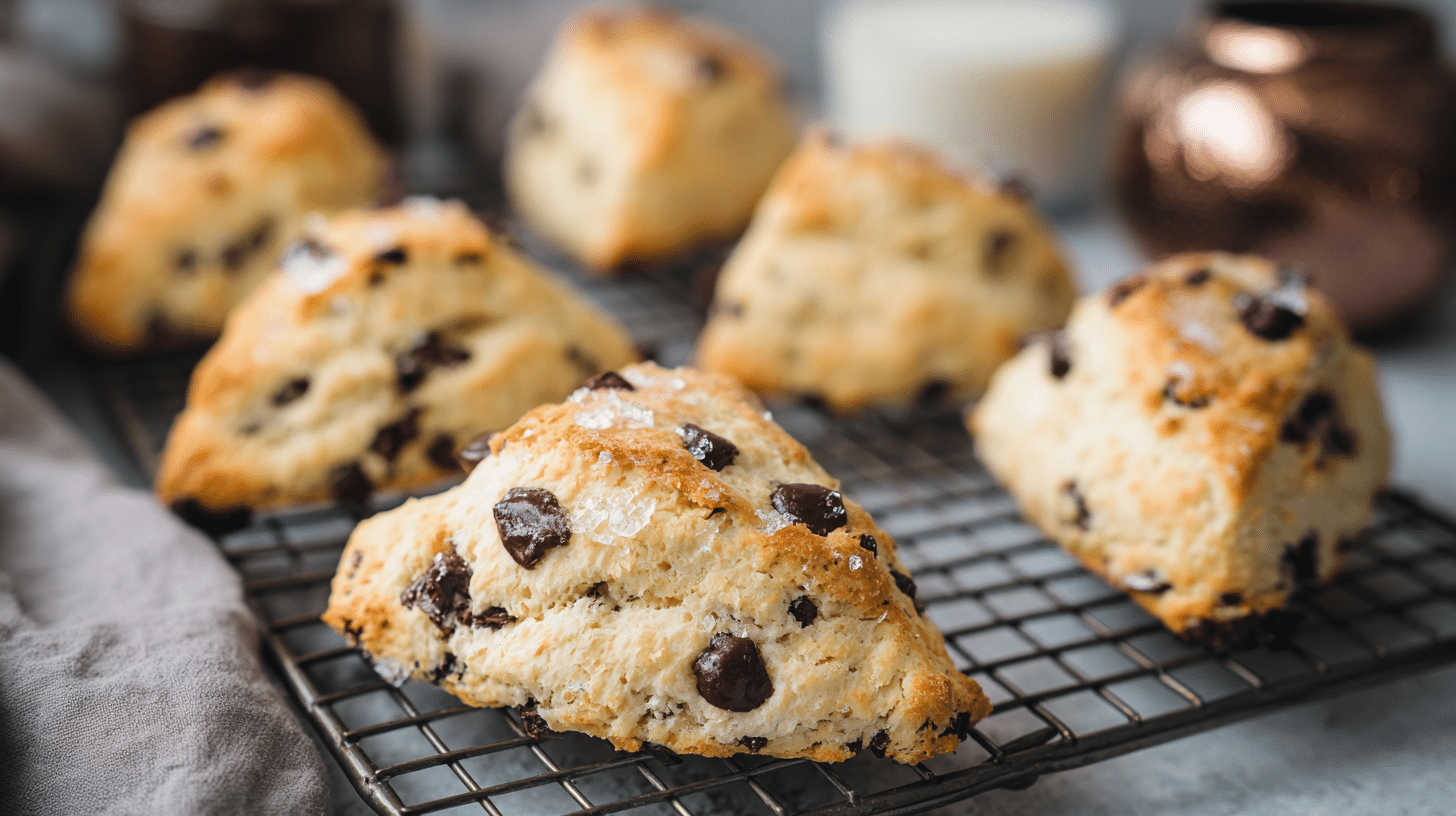 air fryer chocolate chip scones on a wire cooling rack