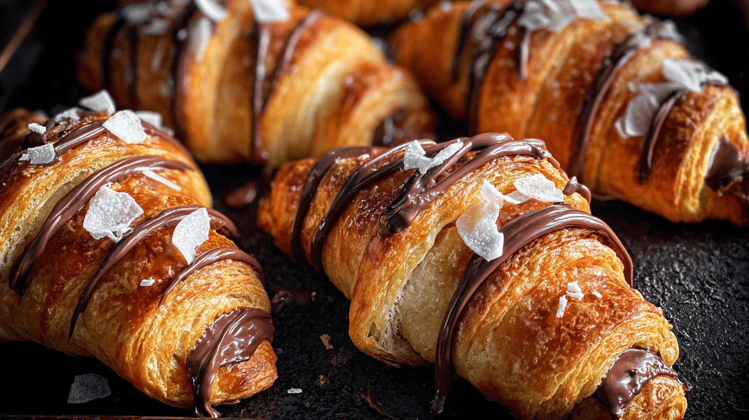 Air fryer chocolate croissants with drizzle and toppings