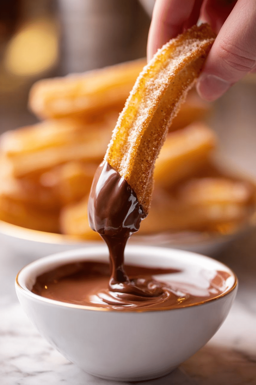 Close-up of a cinnamon sugar air fryer churro dipped in rich melted chocolate sauce.