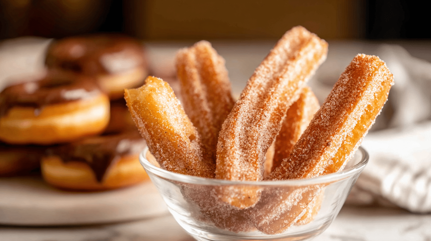 Air fryer churros coated in cinnamon sugar served in a glass bowl with chocolate donuts in the background.