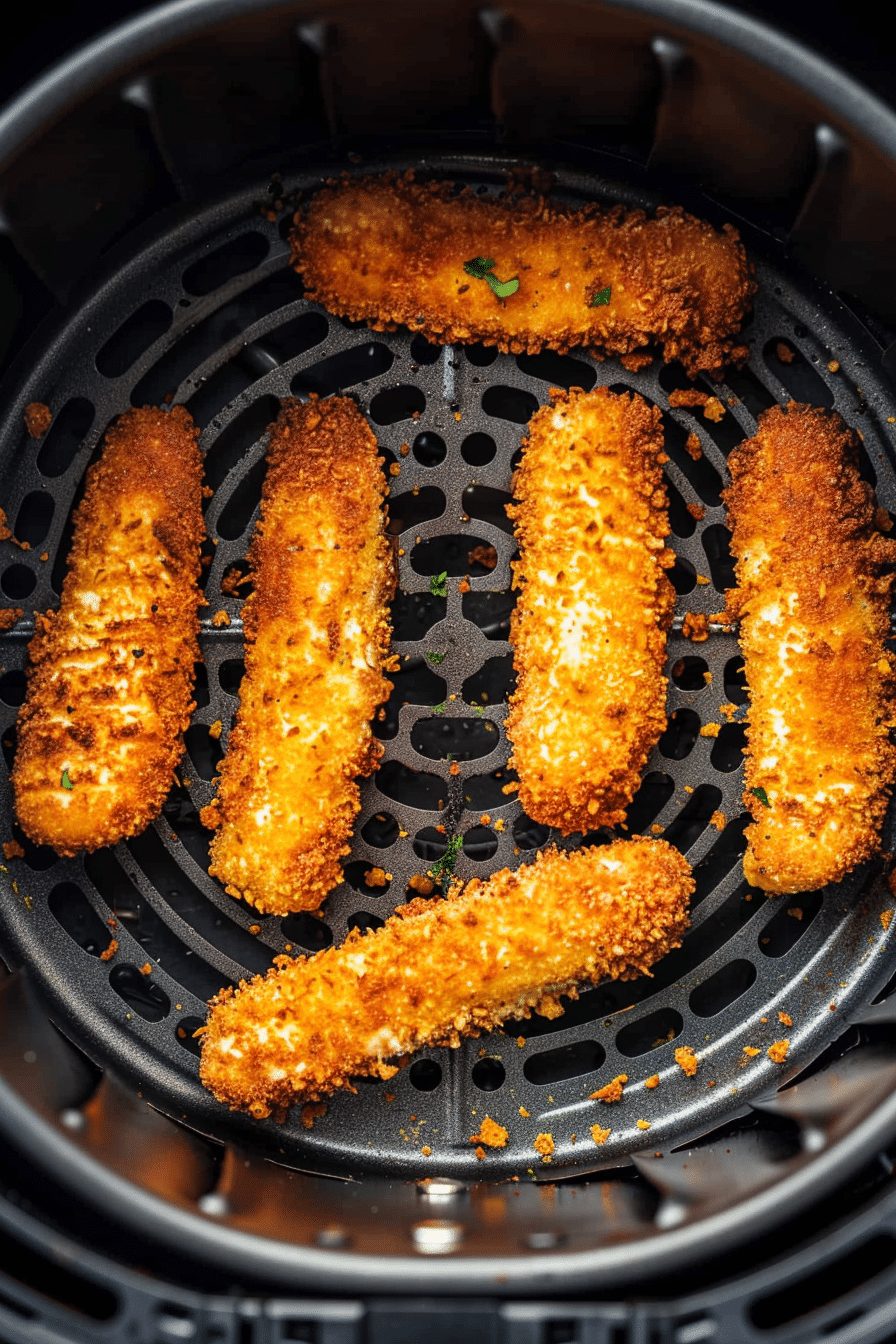 Coconut air fryer chicken tenders cooking to golden perfection in the air fryer basket