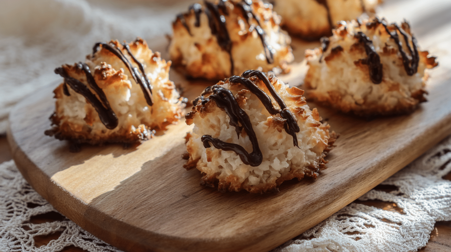 Air fryer coconut macaroons with chocolate drizzle on wooden serving board