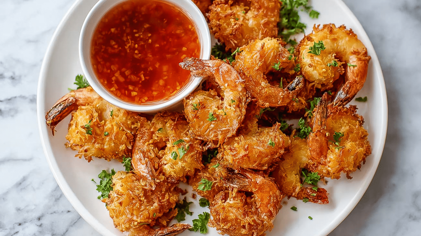 air fryer coconut shrimp served with sweet chili dipping sauce on a white plate
