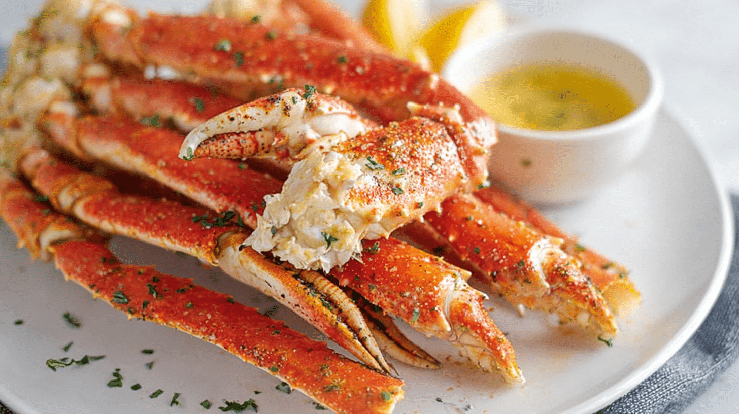 Air fryer crab legs served on a white plate with garlic butter dipping sauce