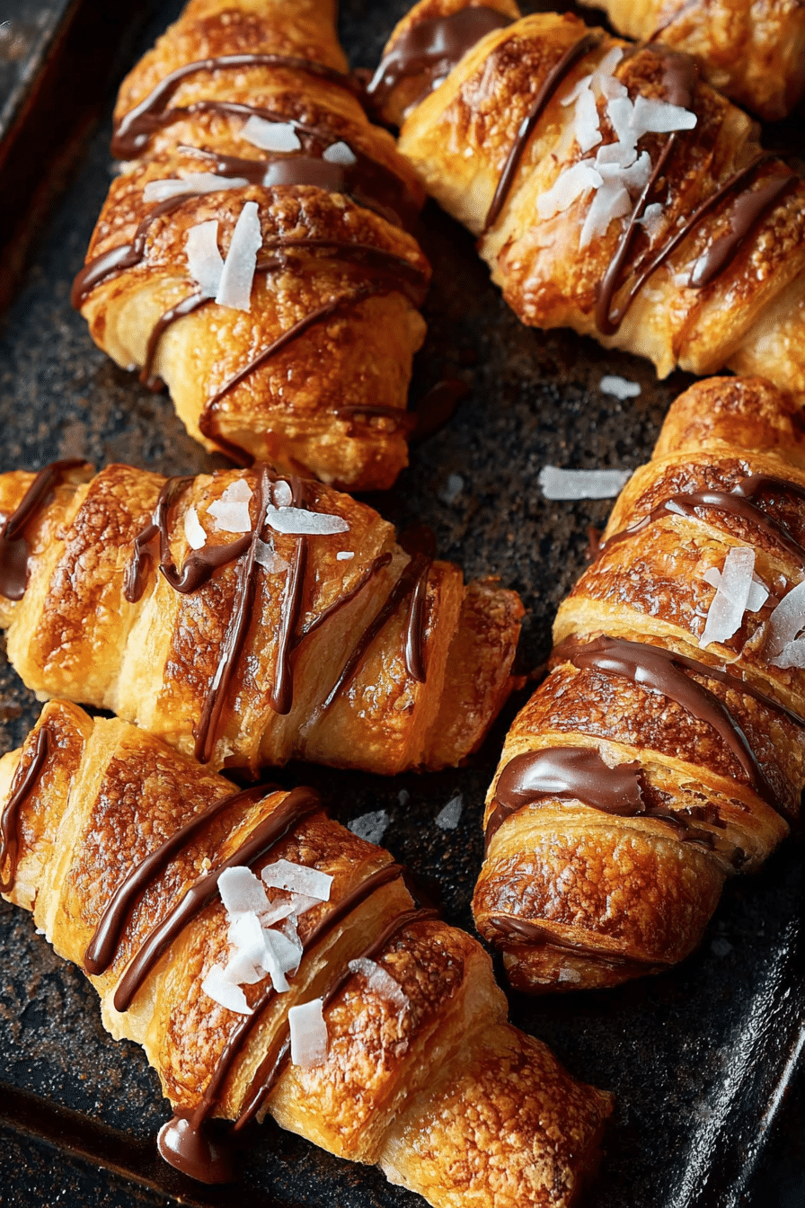Air fryer croissants with chocolate drizzle and coconut flakes
