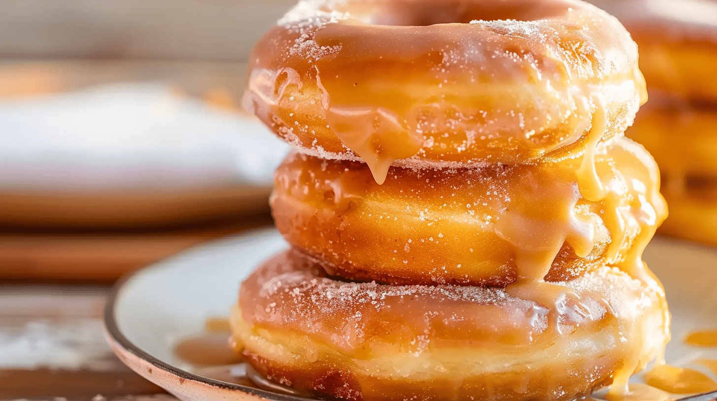 air fryer donuts stacked on a plate in natural light