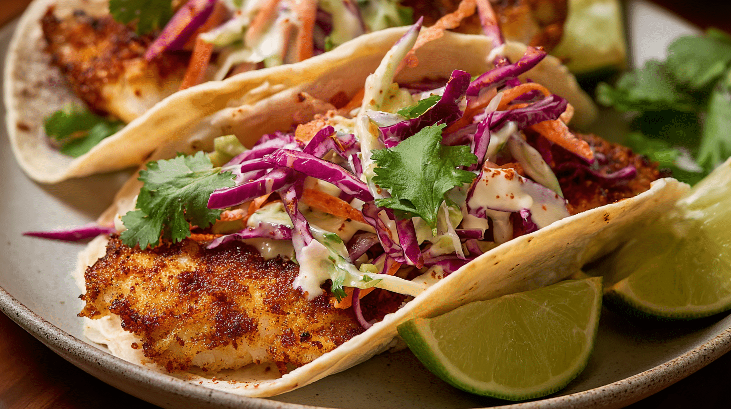 Air fryer fish tacos with crispy seasoned fish, colorful slaw, and fresh cilantro served with lime wedges