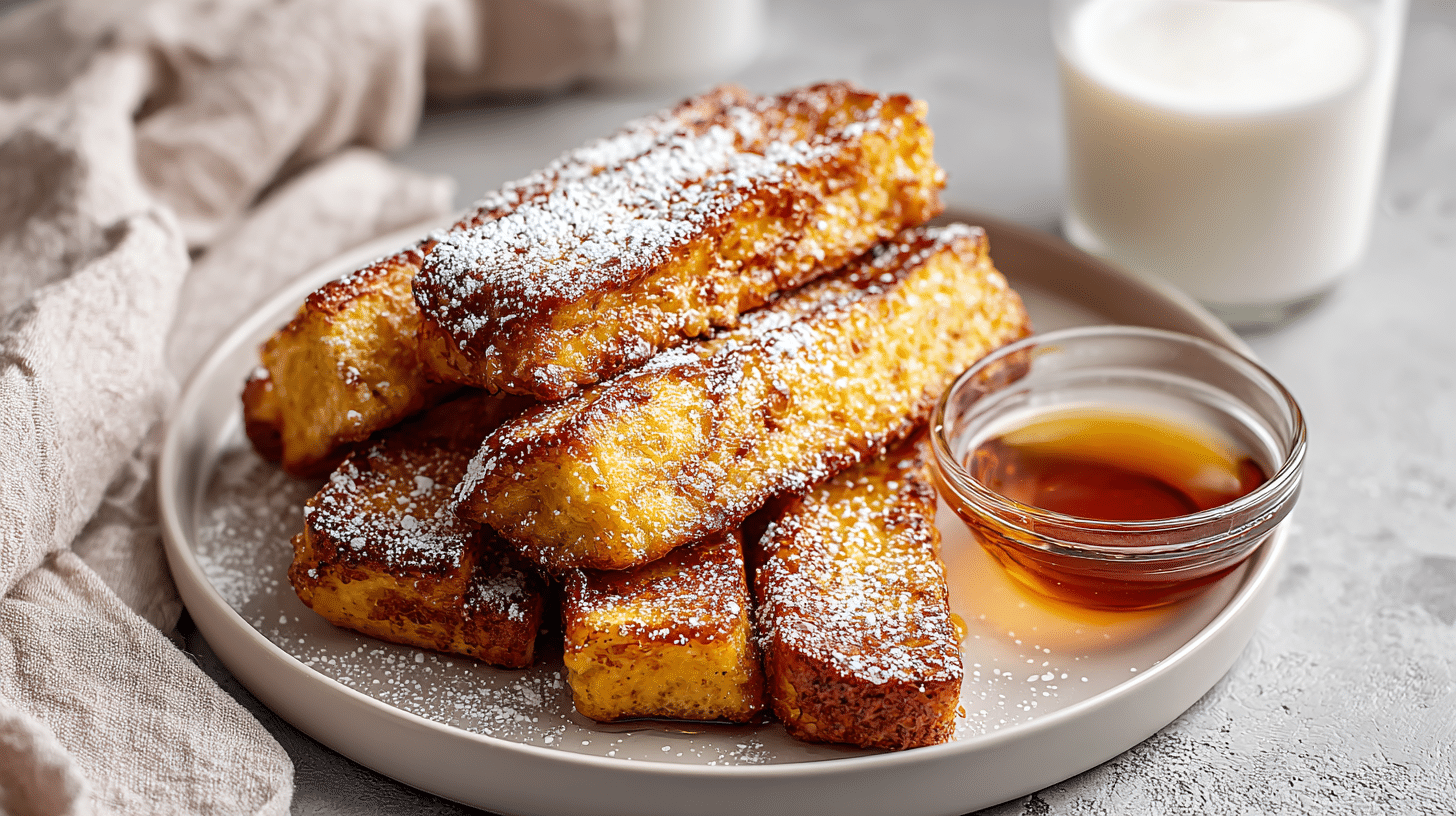 Air fryer French toast sticks served with powdered sugar and maple syrup