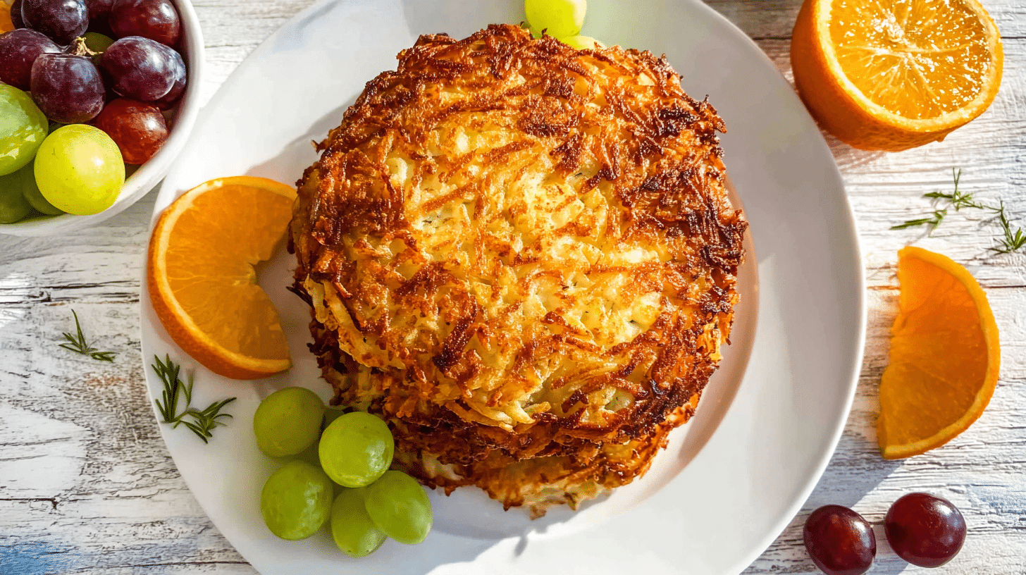 Crispy golden air fryer hash browns stacked on a plate with fresh fruit