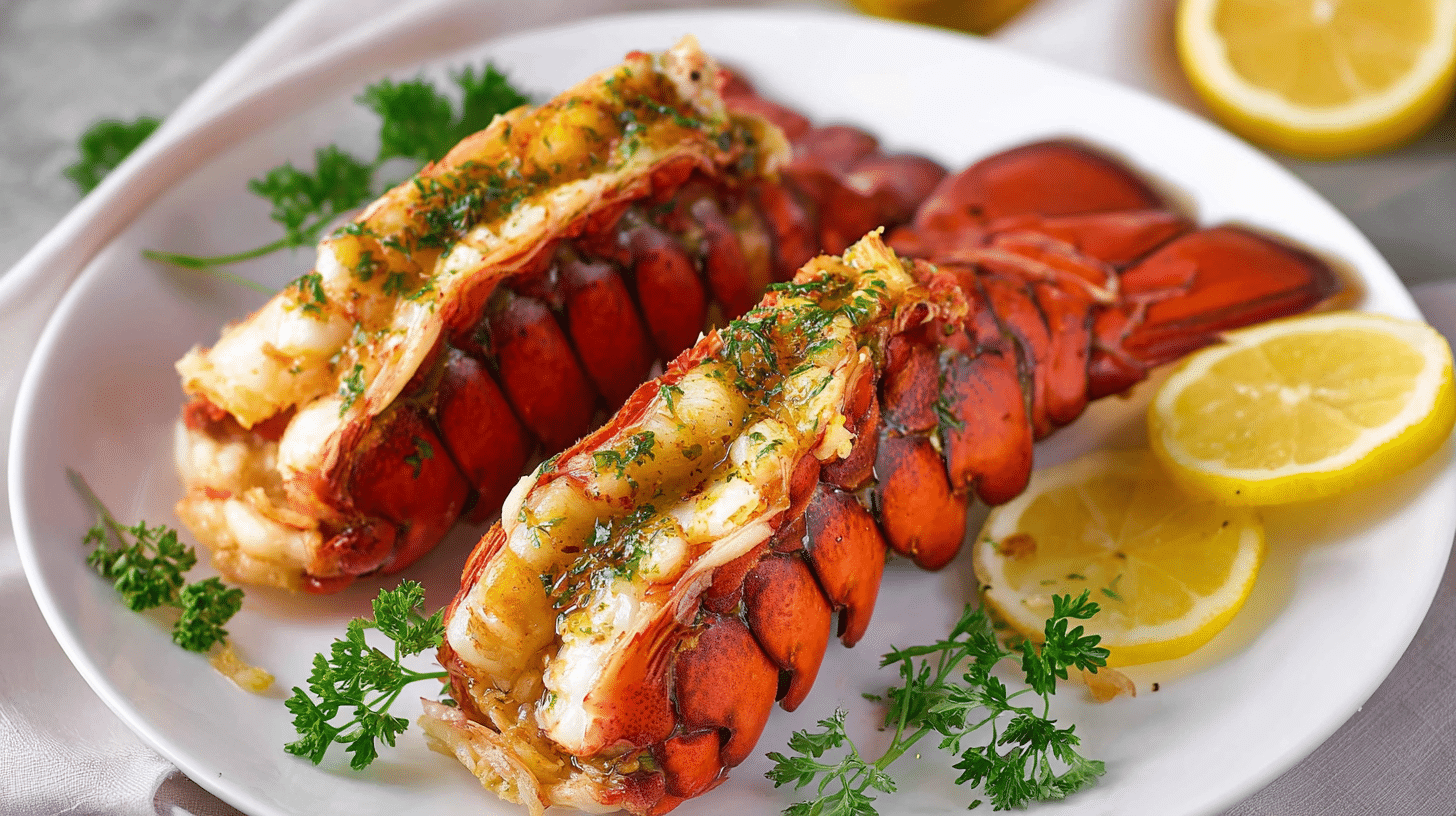 Air fryer lobster tails served on a plate with lemon wedges and herbs, perfectly cooked and garnished