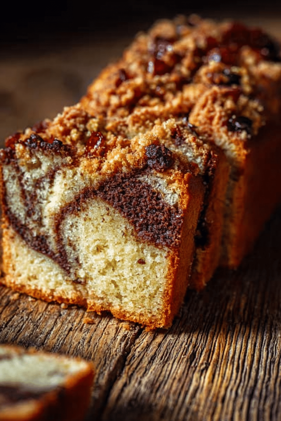 Air fryer marble pound cake with streusel topping and chocolate swirl