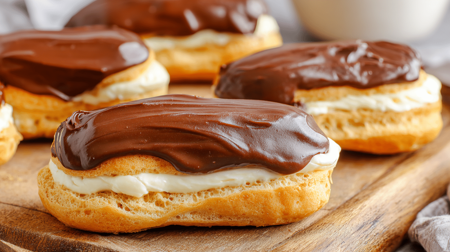 Air fryer mini eclairs with chocolate frosting and cream filling on wooden board