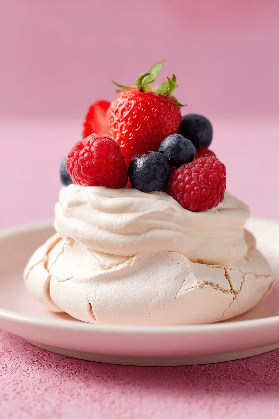 Vertical close-up of air fryer mini pavlova with whipped cream and fresh berries on pink background